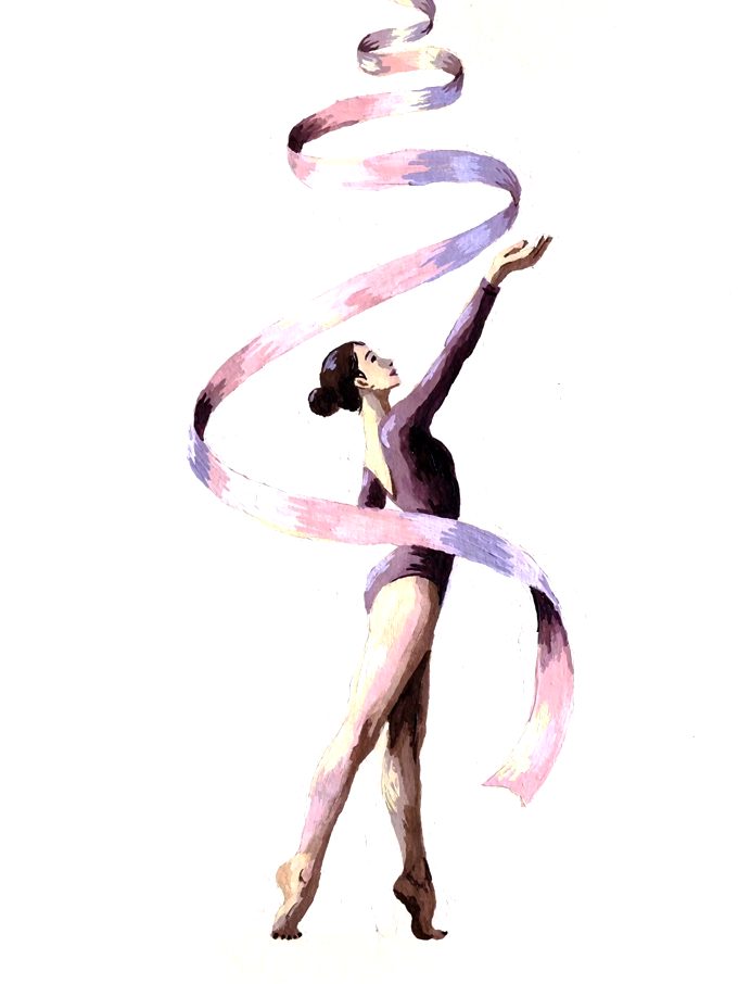 Relevé — a rhythmic gymnast moving through a ribbon routine